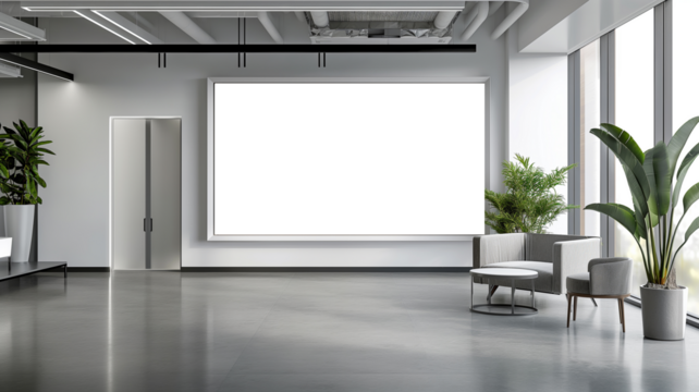 Minimalist modern office lobby with frame mockup on the wall and potted plants
