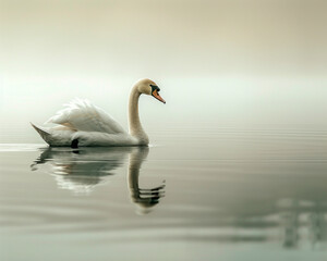 Obraz premium Graceful Swan on Misty Lake Reflection.
