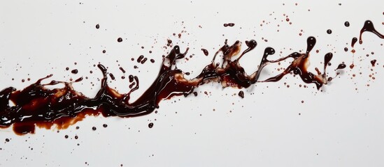 A close-up view of a white surface covered with a significant amount of brown liquid resembling spilled coffee