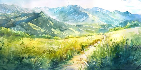 Watercolor, hiking adventure, banner, mountain trail, lush landscapes, midday, wide, shared exploration.  - obrazy, fototapety, plakaty