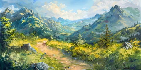 Oil painting, hiking adventure, banner, mountain trail, lush landscapes, midday, wide, shared exploration. - obrazy, fototapety, plakaty