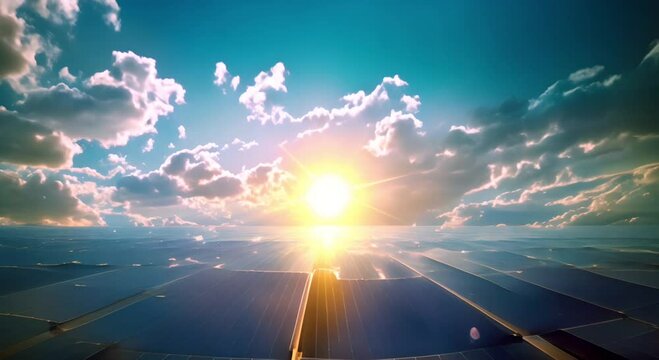 solar panels under deep blue sky with bright sun with sunbeams. Alternative energy concept