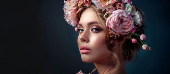 A woman with a beautiful crown made of colorful flowers adorning her head - obrazy, fototapety, plakaty