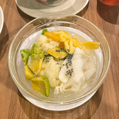 Es teller or Es Teler, Indonesian fruit cocktail with avocado ,young coconut, jack fruit top view