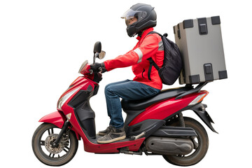 Side view, Courier in uniform riding a white scooter with fast delivery isolated on a transparent background. Restaurant food and postal package delivery services	
