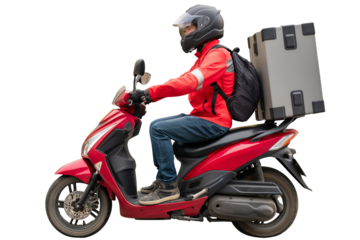 Side view, Courier in uniform riding a white scooter with fast delivery isolated on a transparent background. Restaurant food and postal package delivery services	
