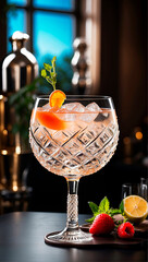 visually appealing cocktail garnished with fresh fruit