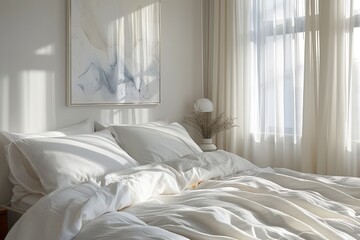 Sunlit cozy bedroom with white bedding and sheer curtains. - obrazy, fototapety, plakaty