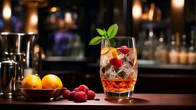 visually appealing cocktail garnished with fresh fruit