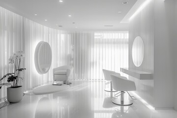 Modern white interior design with sleek furniture and bright lighting.