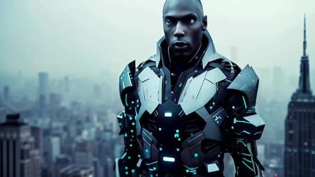 Against the backdrop of a dark night sky, a cyborg man looks down upon a futuristic city lined with skyscrapers. 