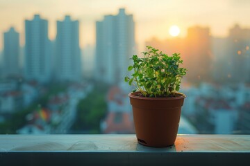 Potted plant on a balcony ledge against a sunrise cityscape. - obrazy, fototapety, plakaty