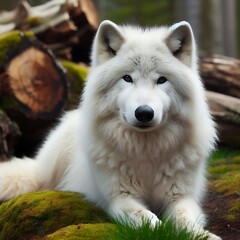 A beautiful white wolf in the woods 