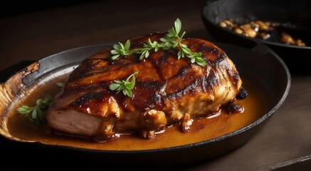 A succulent BBQ chicken slice, its golden skin glistening against a dark backdrop. This tantalizing image, perhaps a photograph, depicts the perfectly grilled meat with charred edges 