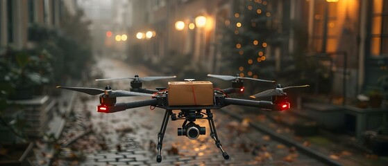 Futuristic Drone Delivery in Misty Urban Dawn. Concept Drone Technology, Urban Landscape, Delivery Services, Future Innovation, Misty Morning