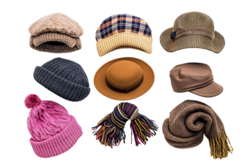 Collection of various hats on transparent background