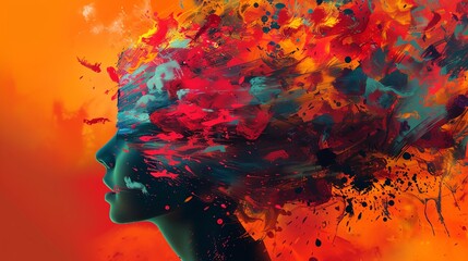 Animal forms exploding from a colorful squarefilled head silhouette, closeup