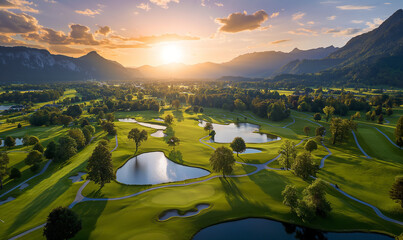 A stunning aerial view of the magical, lush green golf course at sunset in a luxury resort hotel...