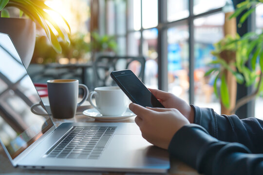 Businesswoman using mobile phone and laptop computer on table in office, closeup of hands with cell phone and coffee cup in the style of an anonymous artist.