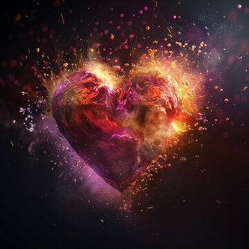 Conceptual heart explosion, half rendered in vibrant colors, dynamic angle, crisp focus