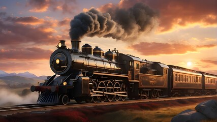 A photorealistic depiction of a majestic steam train at sunset, set against a scenic outdoor backdrop. The train is detailed with intricate steam mechanisms and vintage design elements, emitting billo - obrazy, fototapety, plakaty