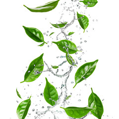 Green tea leaves floating with water splashes isolated on a transparent background