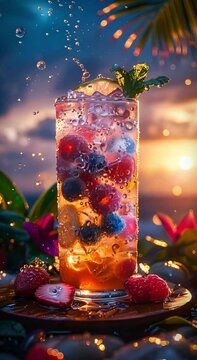 delicious cocktail with berries and falling waterdrops at the beach on a warm summer evening at sunset. A fresh holiday dream captured in a vertical video