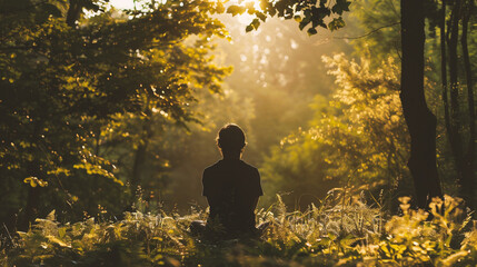 Young man meditating in the forest at sunset, back view
