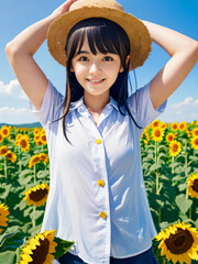 青空のひまわり畑と笑顔の若い女性