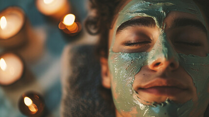 Beautiful young woman with green clay facial mask at spa salon, closeup