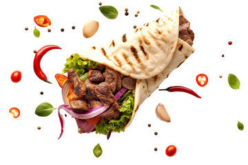 Fresh grilled chicken wrap roll with flying vegetable pieces on a transparent background