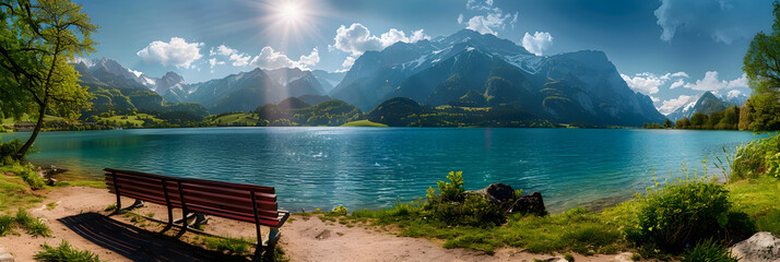 Serene Landscape: Inviting Turquoise Lake Nestled Amidst Snow-Capped Mountains and Lush Greenery
