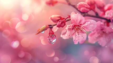 Sakura branches and water drops in a peaceful spring - obrazy, fototapety, plakaty