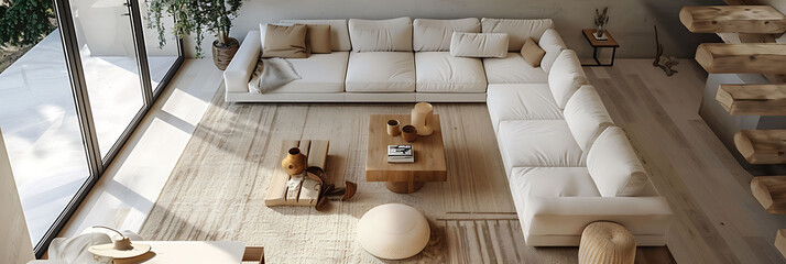 Overhead view of a minimalist living room with neutral tones, hyperrealistic photography of modern interior design