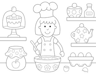 girl chef easy coloring page for kids. you can print it on standard 8.5x11 inch paper