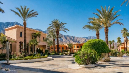 Fototapeta na wymiar Saguaro hotel, palm trees and colorful architecture in Palm Springs