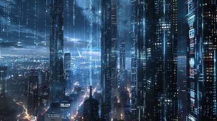 Futuristic cityscape with high-tech skyscrapers and digital data streams
