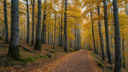 Obraz premium Trail through a misty autumnal golden forest