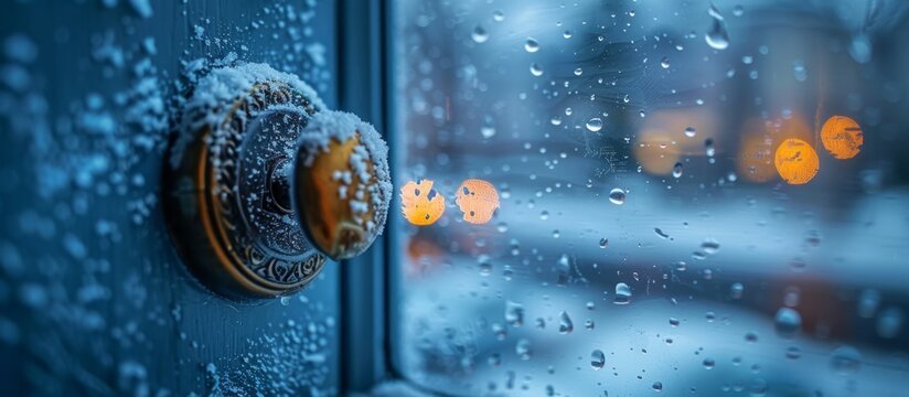 Close-up of a window with a door handle covered in snow, creating a wintery scene of frost on the entrance