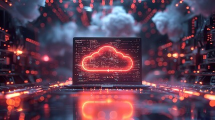 Capture a futuristic scene of a laptop displaying a cloud icon in a vast digital landscape Use CG 3D rendering to emphasize the innovative computing infrastructure and cloud services Highlight seamles