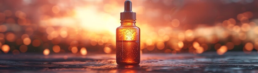Capture the elegance of nature in a digital rendering technique, showcasing a brown amber bottle with a liquid dropper, featuring natural oil or serum for skincare
