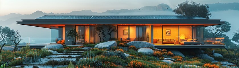 Capture the essence of sustainable architecture with a panoramic view of a green home featuring solar panels, passive design, and eco-friendly landscape Show the harmony between modern design and natu - obrazy, fototapety, plakaty