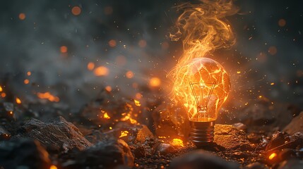 Craft a traditional art piece depicting the impact of a successful breakthrough moment, where a light bulb shatters against a tough stone surface Emphasize the energy and burst of inspiration with fra