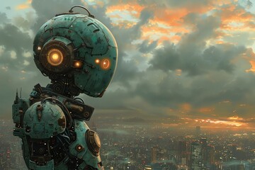 Craft an oil painting of a steampunk-inspired robot viewed from the rear, with a luminous brain and intricate design details Incorporate elements of urban landscapes and power sources to enhance the f