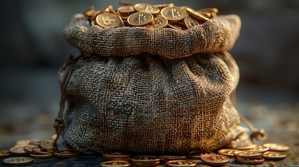 Create a detailed digital rendering of a full burlap sack stuffed with bitcoins, depicting the concept of decentralized cryptocurrency on a global scale