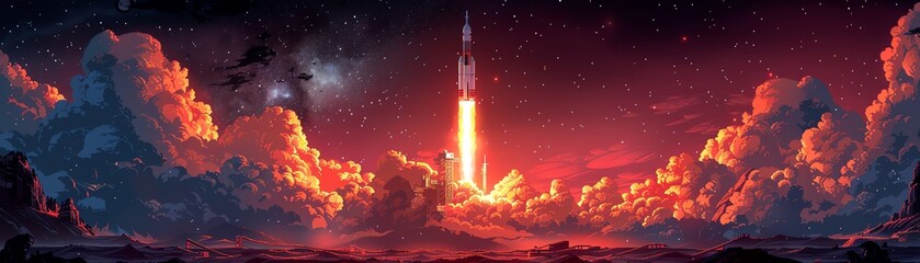 Create a pixel art representation of a spacecraft countdown and ignition sequence, showcasing the pixelated motion and energy of the liftoff with a nod to classic video game aesthetics