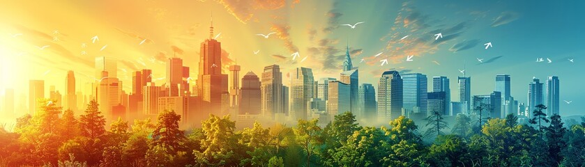 Create a side view digital rendering of a cityscape with buildings symbolizing growth and progress Include detailed elements like arrows pointing upward, representing success and positivity Make sure