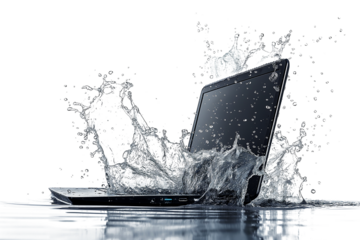 Waterproof laptop with splashes isolated on transparent background