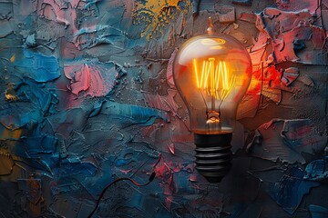 Design a captivating image showcasing a high-angle view of a light bulb hitting a stone wall, symbolizing the transformative power of innovation Use a mix of vibrant colors and textures to convey the