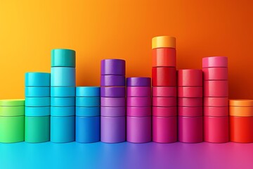 Produce a visually striking 3D render of a bar graph, each segment in a different vibrant color, varying heights representing data Make it modern and bold to inspire a sense of stylish financial repor